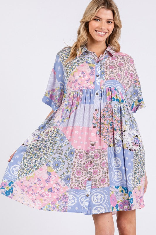Floral Collared Mini Shirt Dress - Feminine Half Sleeve Dress
