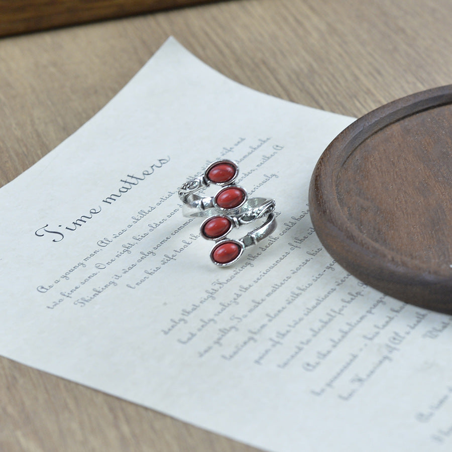 New Cross-Border Fashion Exaggerated Red Turquoise Ring European And American Creative Retro Opening Adjustable Ethnic Style Unisex
