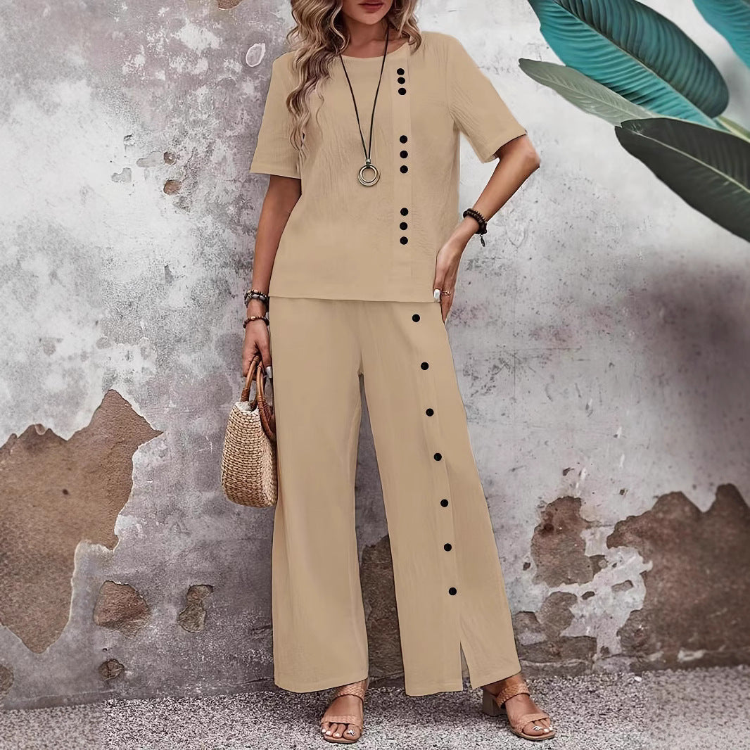 Women's Two-Piece Button-Detail Linen Blend Matching Set - Image 4
