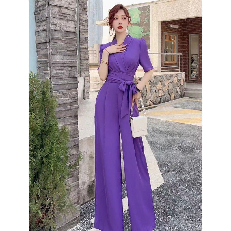 Elegant Wide Leg Jumpsuit - High Waist Slimming Tie-Front V-Neck
