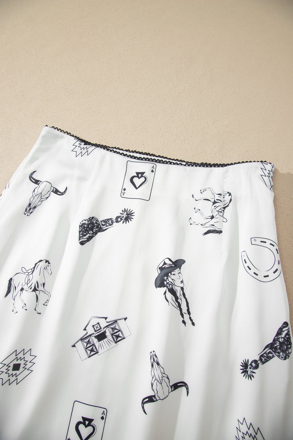 White Western Print Satin Long Skirt Elegant Midi Flowy Skirt