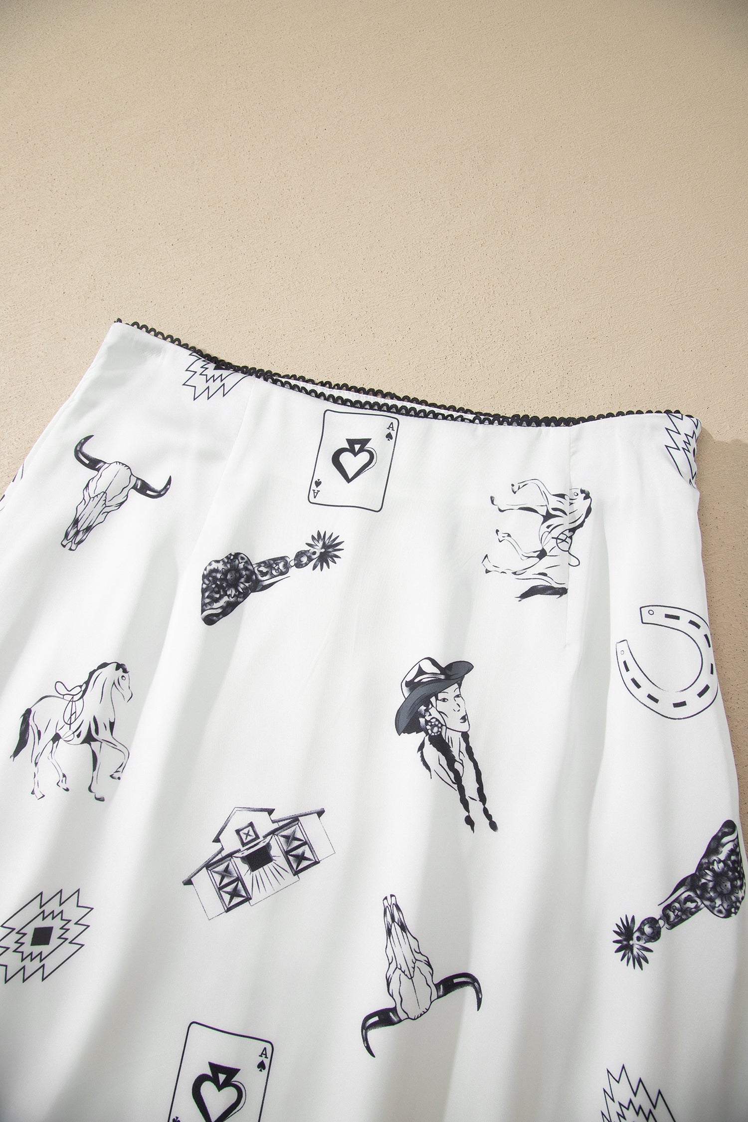 White Western Print Satin Long Skirt Elegant Midi Flowy Skirt