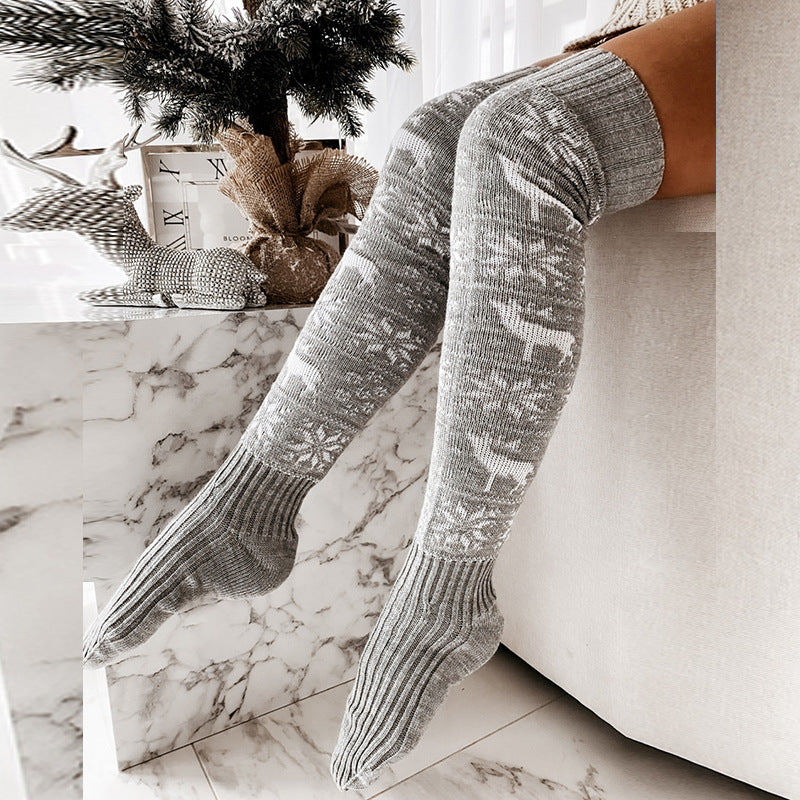 Women Christmas Thigh-High Knitted Stockings Snowflake Elk Print - Image 6