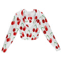Back and front views of a Women's white cropped zipper hooded jacket featuring an all-over red cherry print and long sleeves.