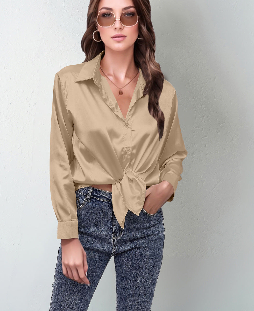 Women’s Satin Lapel Button-Down Blouse Long Sleeve Shirt