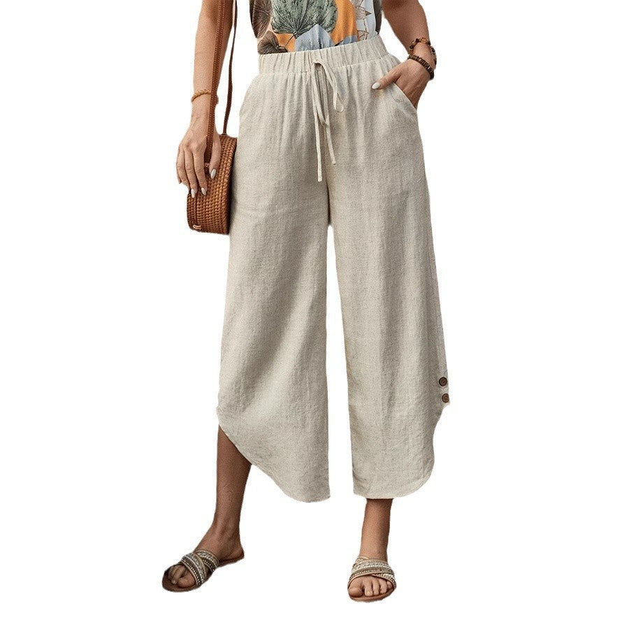 Women's Cotton Linen Cropped Drawstring Wide Leg Pants - Image 3