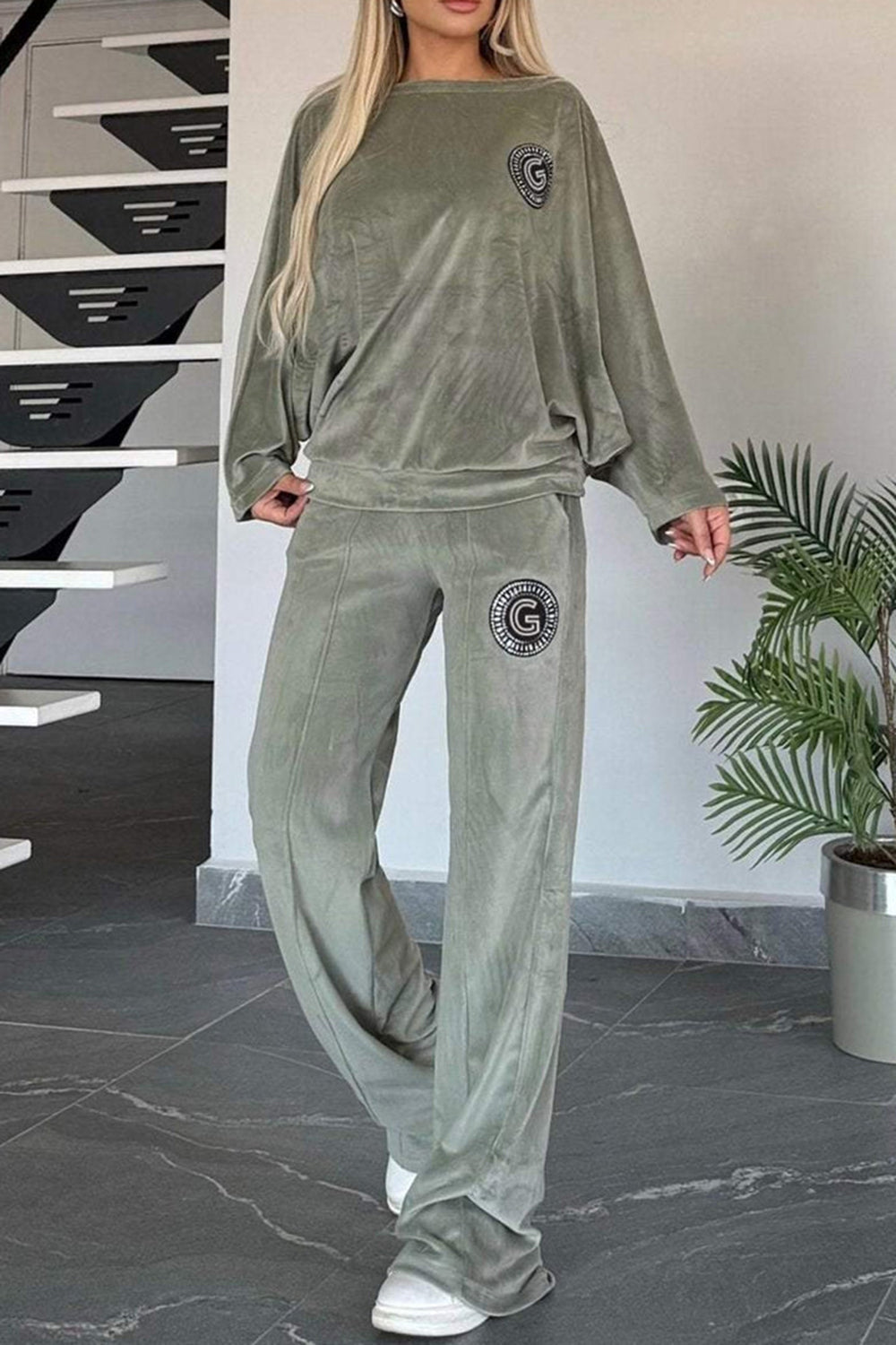 Boat Neck Velvet Loungewear Set | Long Sleeve Top & Pants