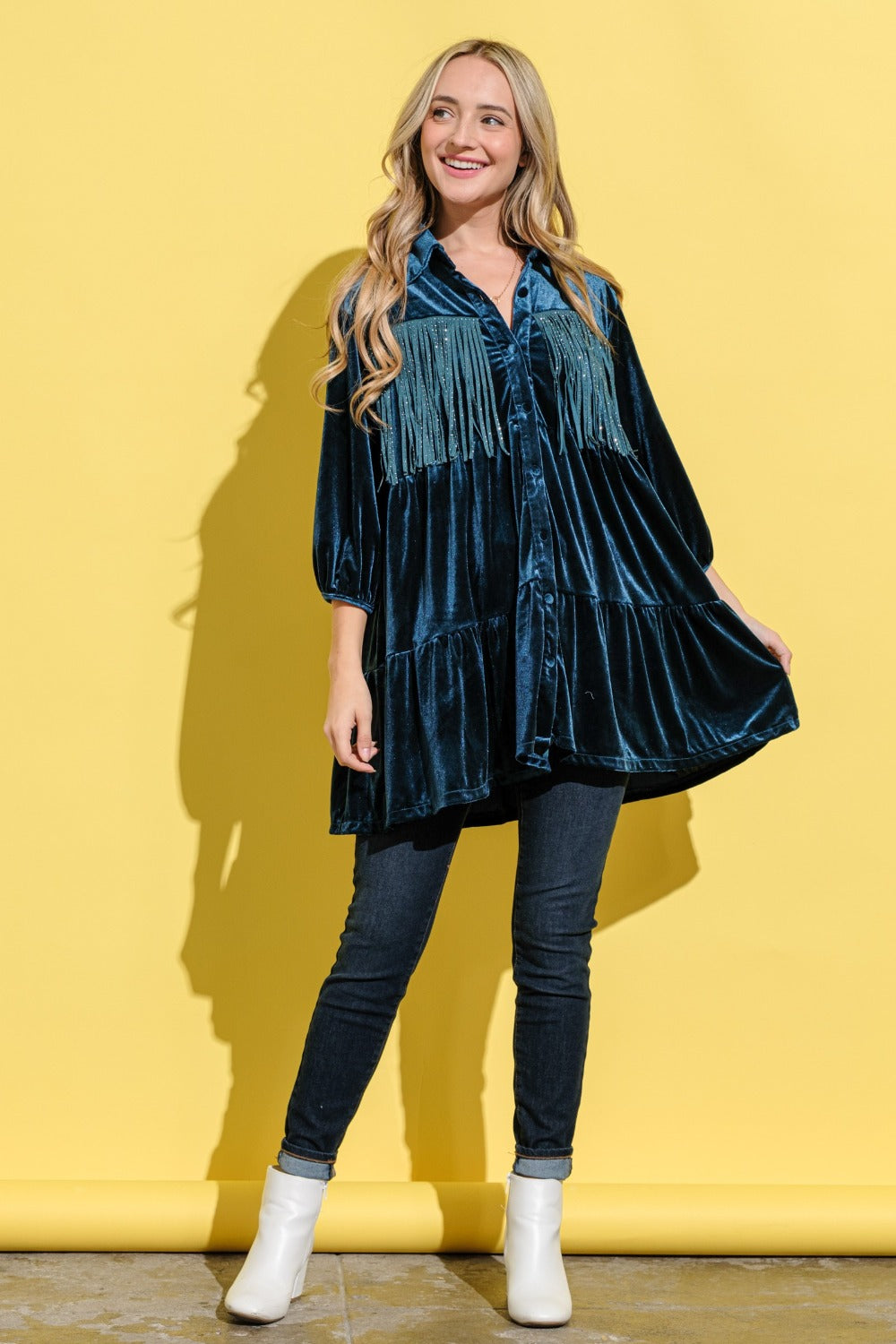 Teal Velvet Fringe Shirt Dress with Elegant Detail