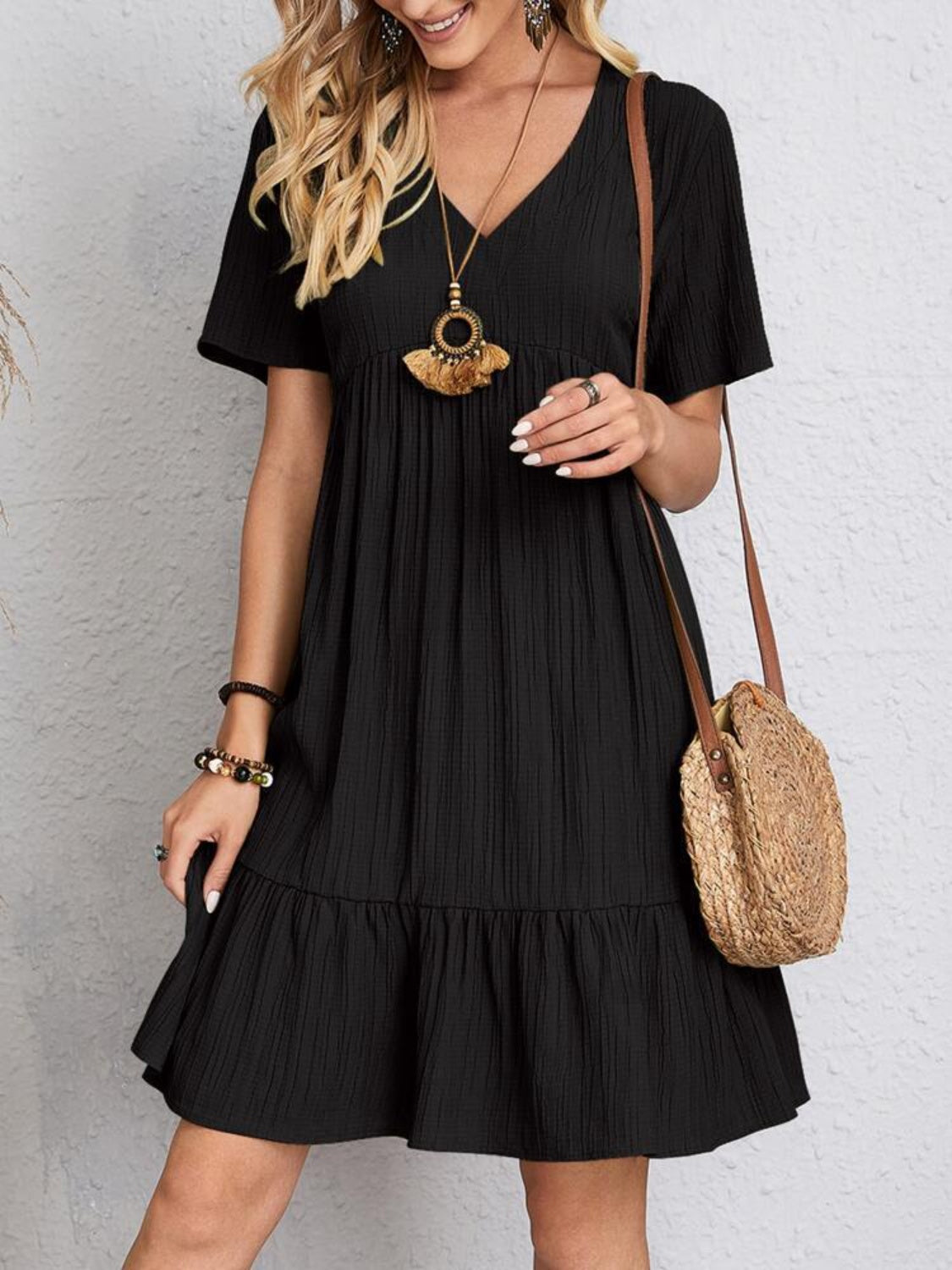 Classic V-Neck Short Sleeve Casual Midi Dress