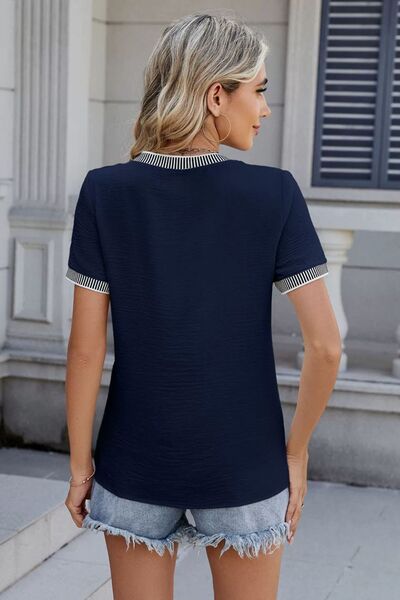 Women's Black Contrast Trim Short Sleeve Crew Neck T-Shirt - Image 15