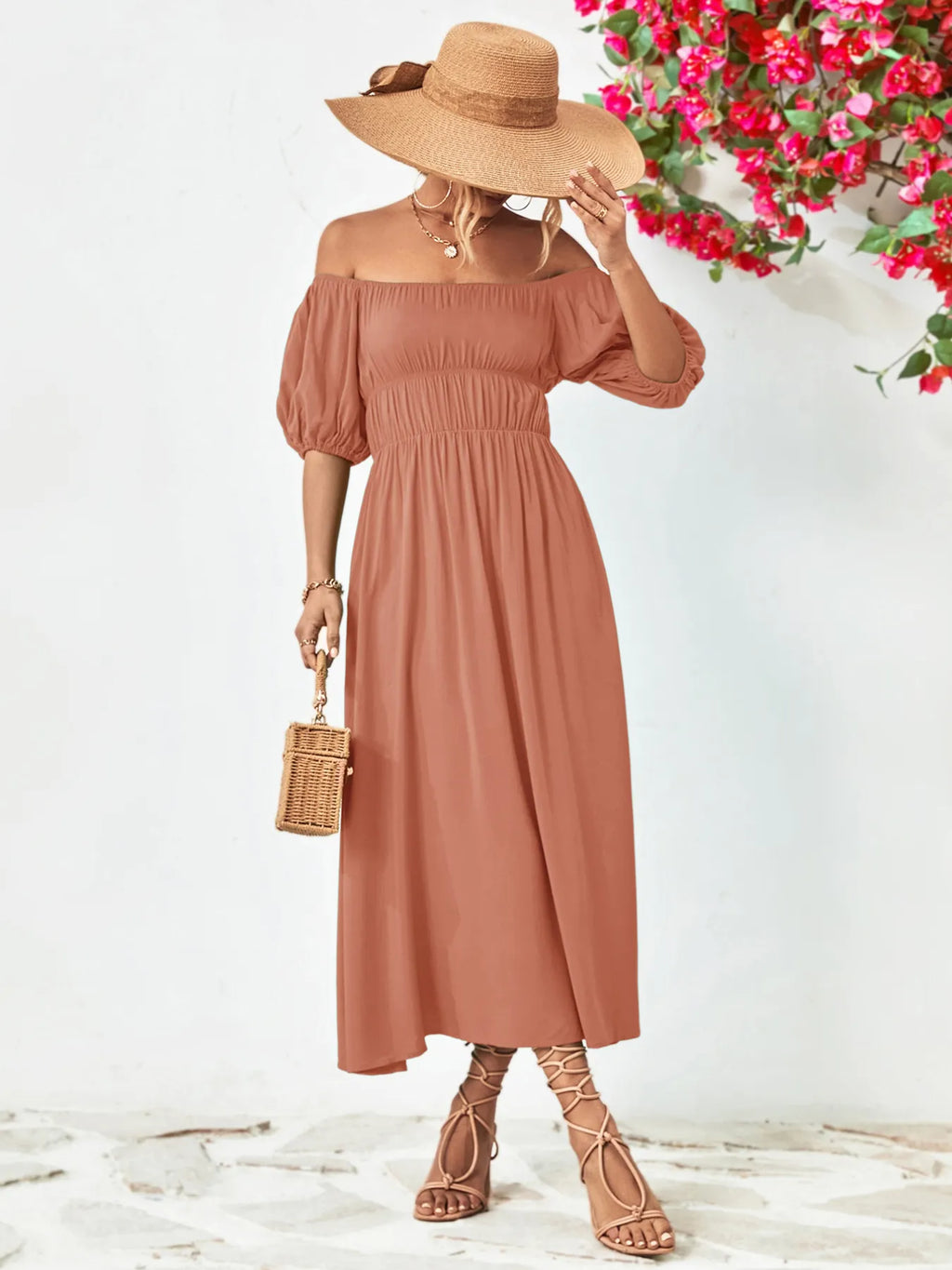 Off-Shoulder Puff Sleeve Smocked Maxi Dress
