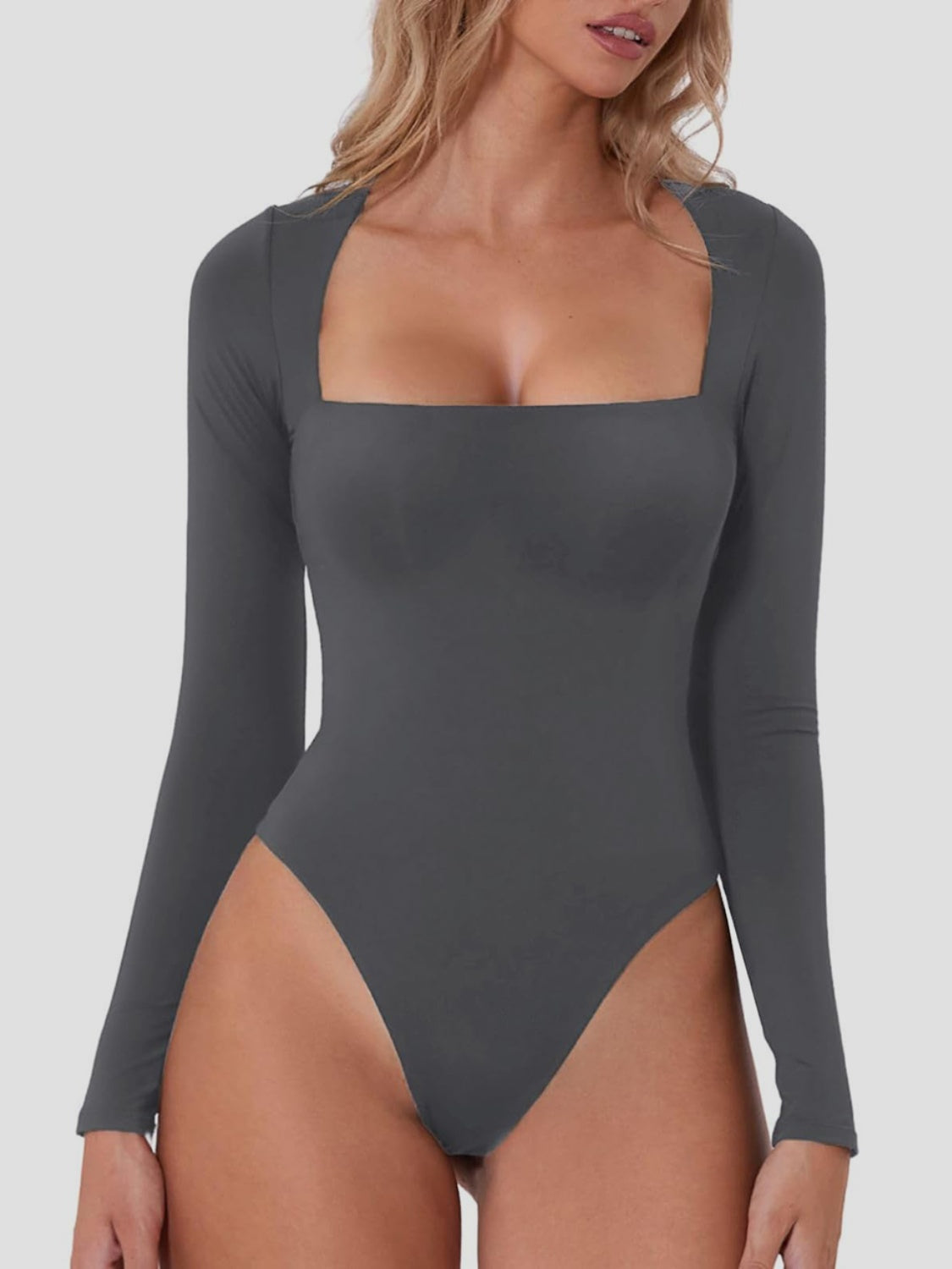 Women's Black Long Sleeve Square Neck Bodysuit Basic Slim Fit - Image 9