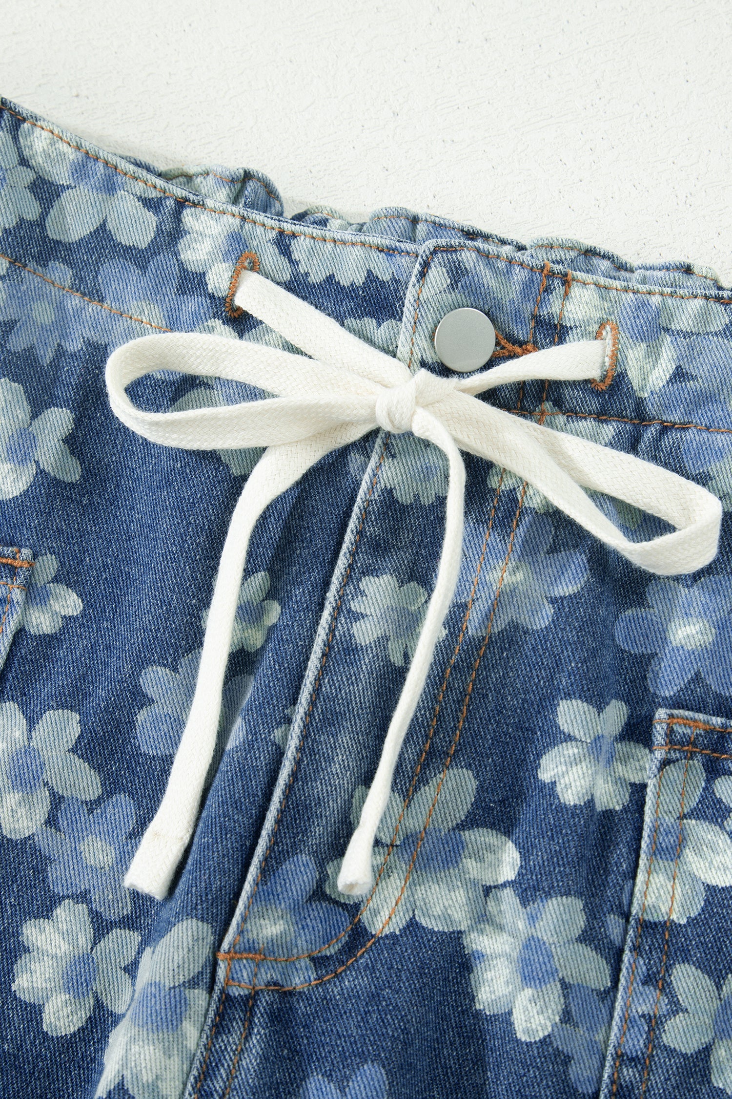 Sky Blue Dainty Floral Print Barrel Leg Drawstring Jeans