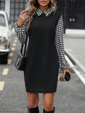 Woman wearing a vintage-inspired black and white collared mini dress.