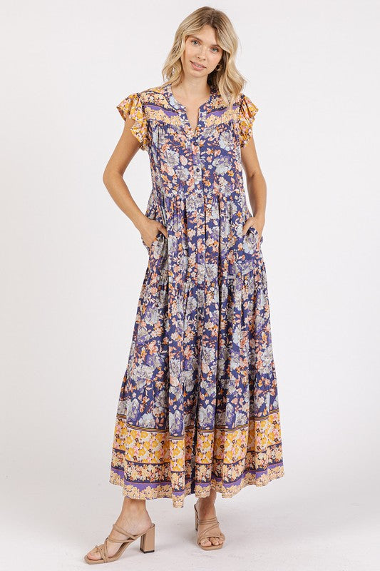 Floral Ruffled Notched Cap Sleeve Maxi Summer Dress