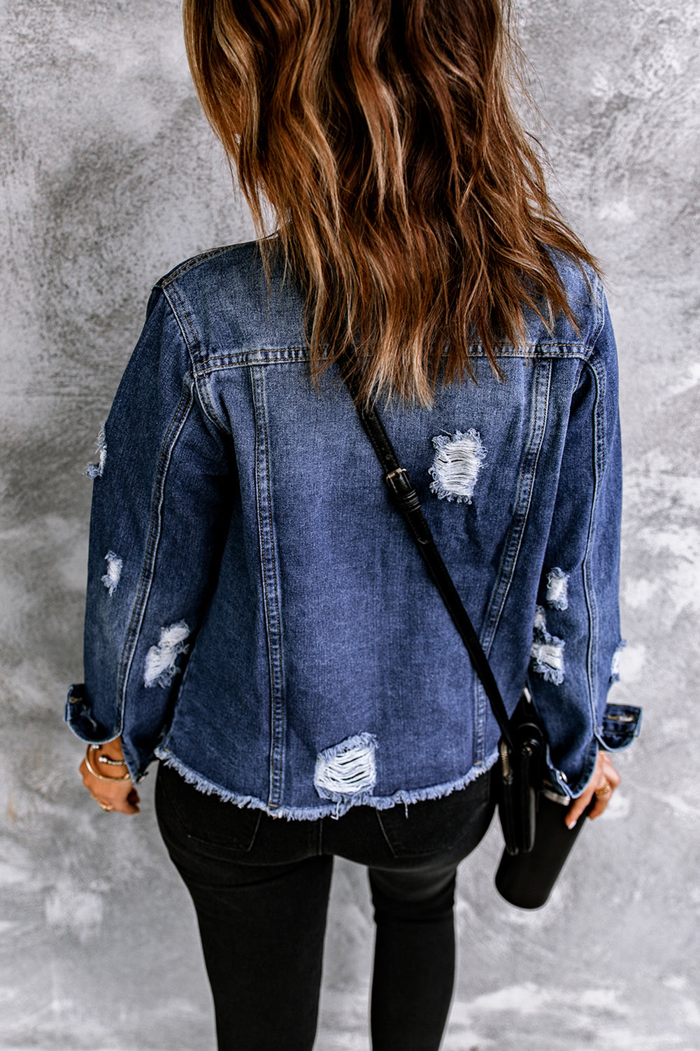 Black Lapel Distressed Raw Hem Buttons Denim Jacket