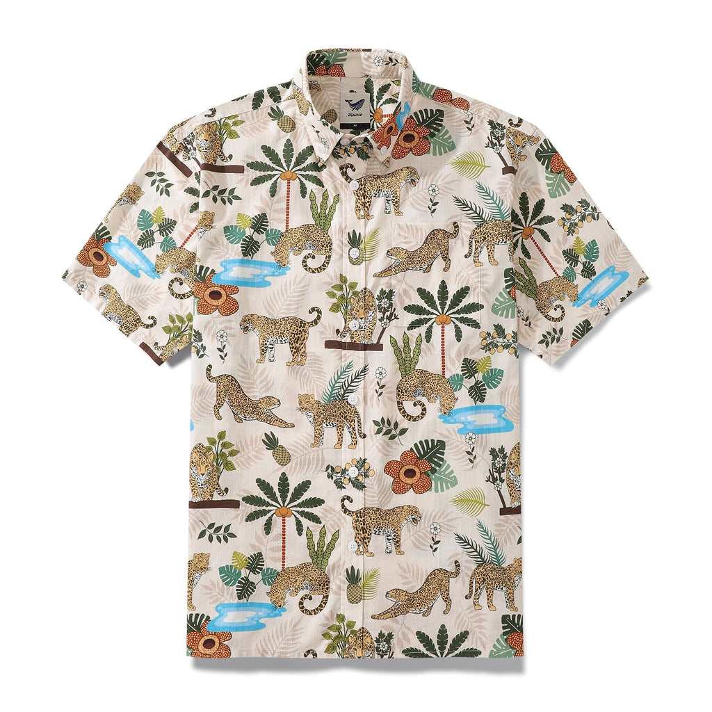 Funky Adventure of the Jaguar print Hawaiian shirt with tropical motifs.