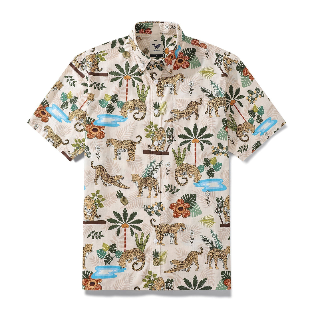 Funky Adventure of the Jaguar print Hawaiian shirt with tropical motifs.