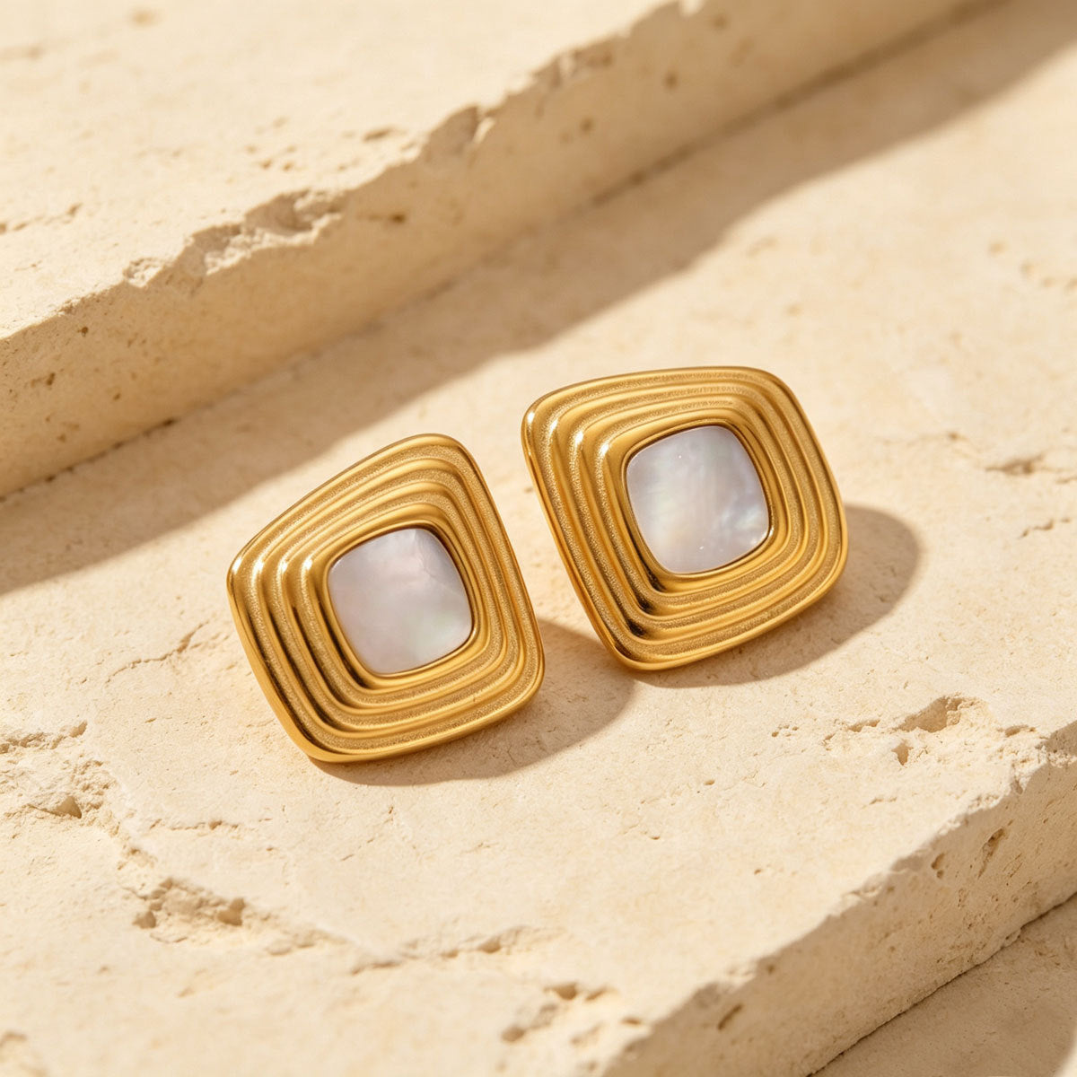 Women Multi Wave Square Faux Shell Stud Earrings, PVD Gold Plated Minimalist Vintage Daily Office Gift Jewelry