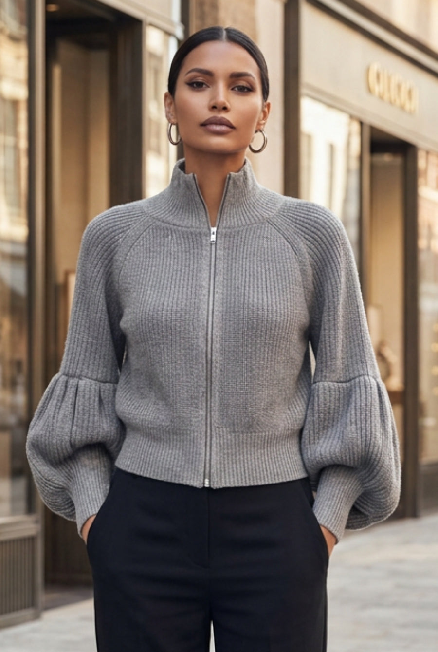 Women's Textured Open-Front Lantern-Sleeve Cardigan