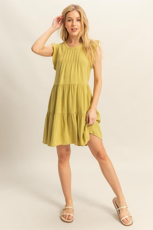 Olive Green Round Neck Tiered Dress with Ruffle Sleeves
