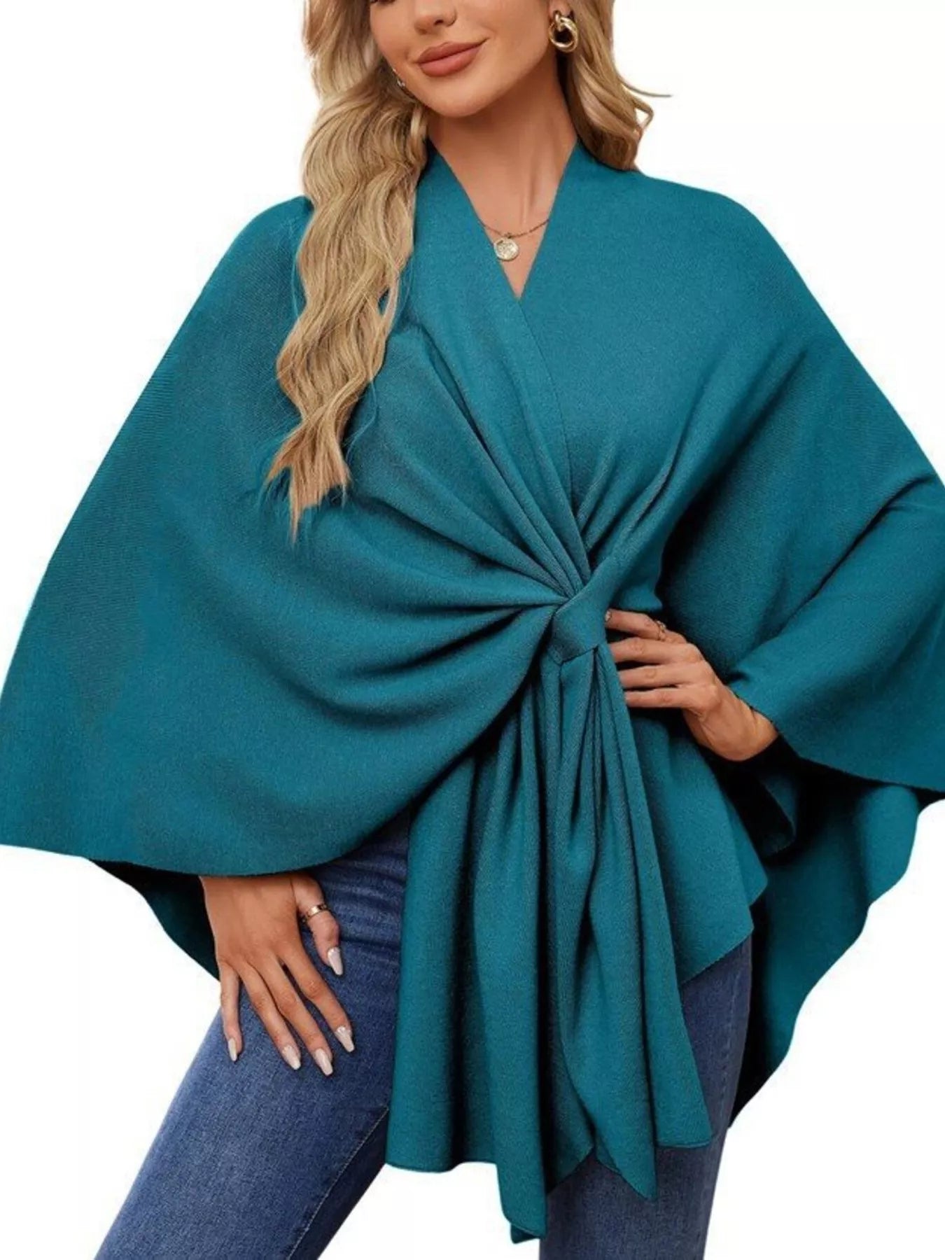 Solid Color Tie-Front Knit Cape Top