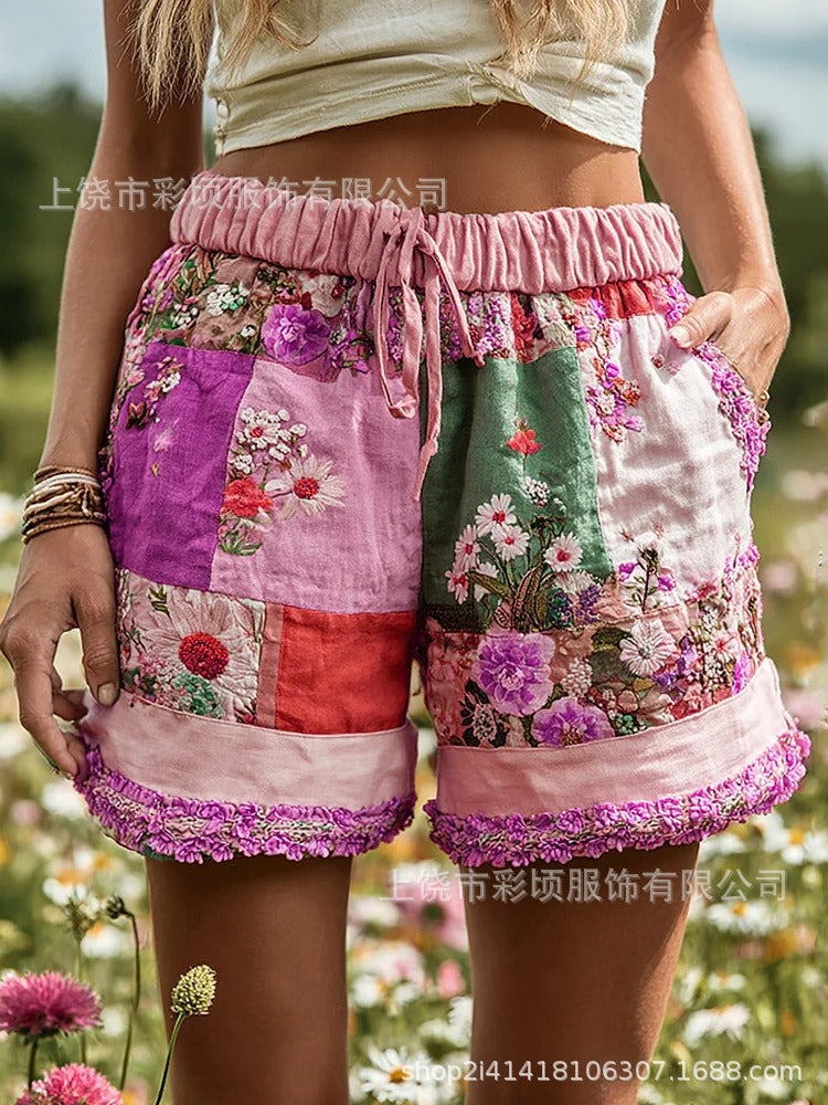 Women's Retro Floral Print Casual Shorts with Drawstring Waist - Image 14