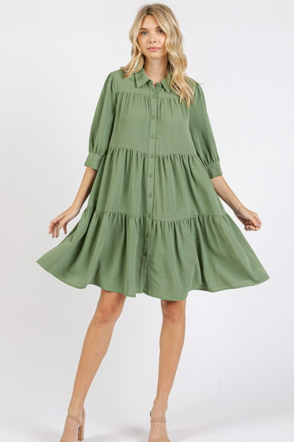 Tiered Shirt Dress with Collared Neck and Button Detail