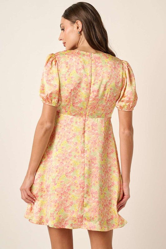 Floral V-Neck Puff Sleeve Mini Dress - Fashion-Forward Satin