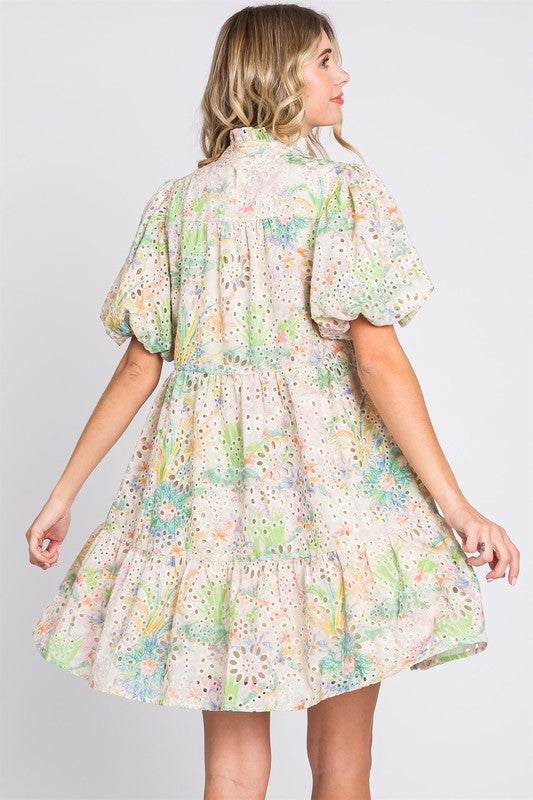 Floral Eyelet Lace Puff Sleeve Mini Dress