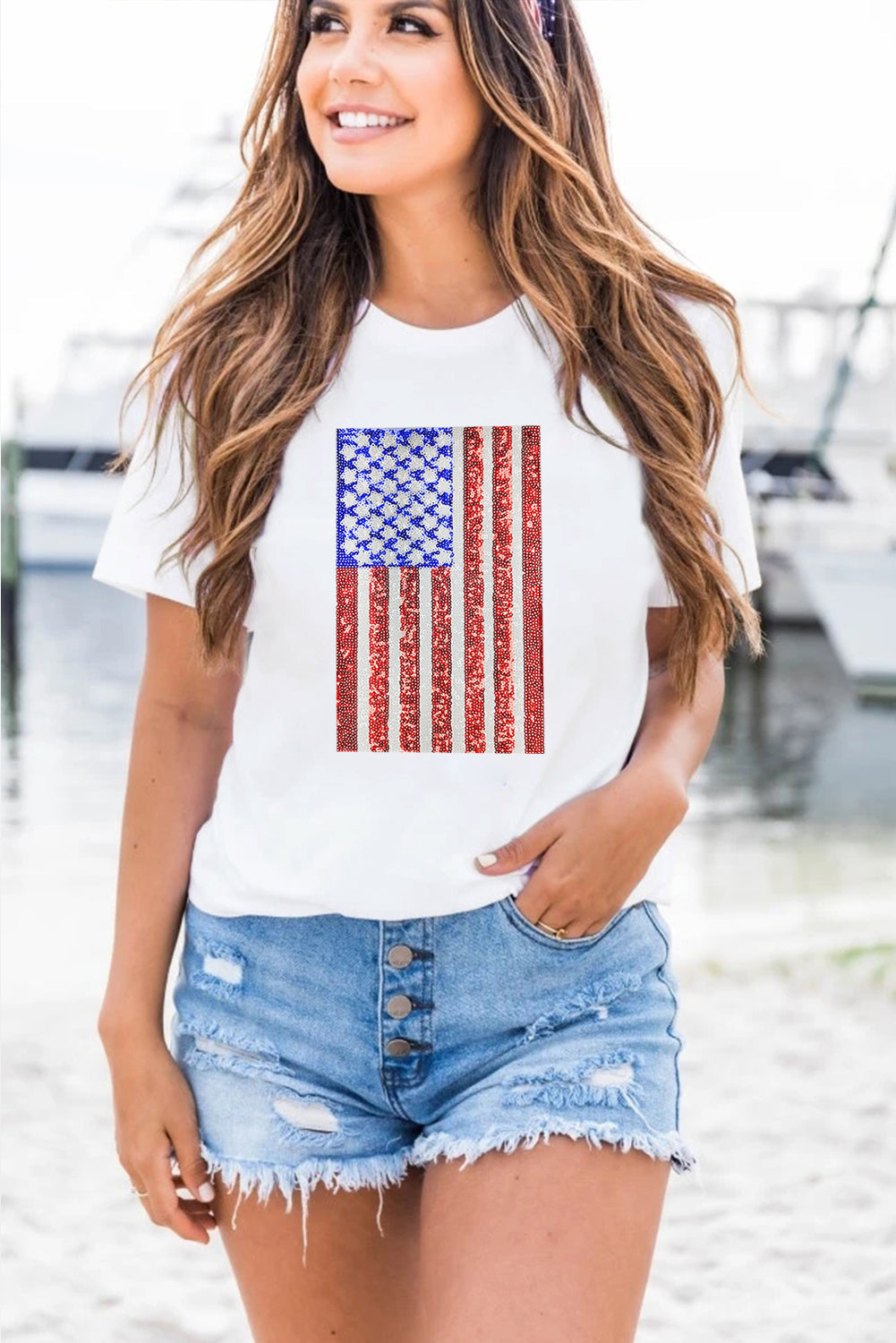 White Shimmery USA Flag Graphic Round Neck Tee Patriotic Shirt