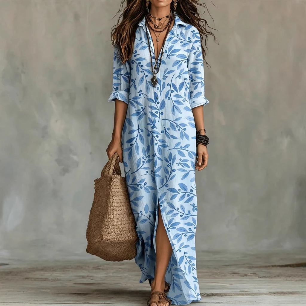 Digital Print Lapel Midi Shirt Dress with 3/4 Sleeves - Image 5