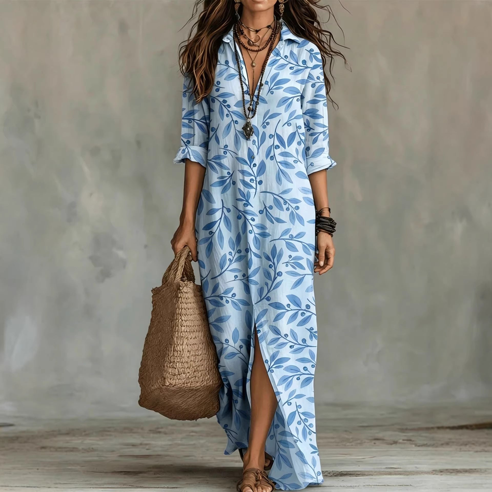 Digital Print Lapel Midi Shirt Dress with 3/4 Sleeves - Image 5