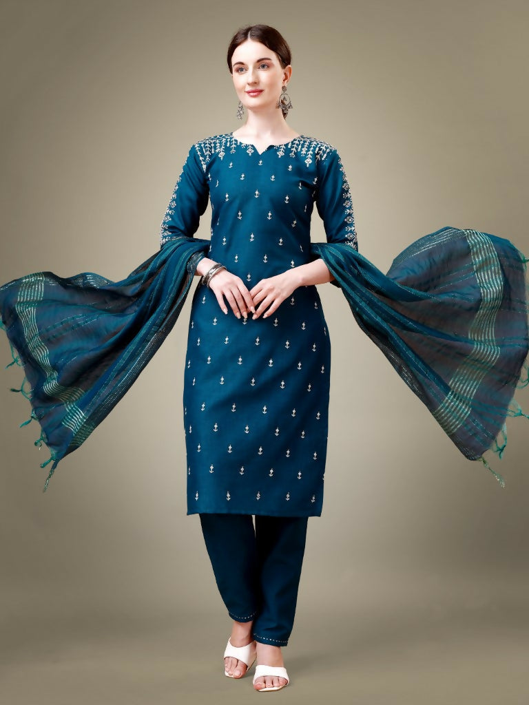 Teal and dark blue geometric print cotton kurta with embroidery and sequence work