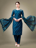 Teal and dark blue geometric print cotton kurta with embroidery and sequence work