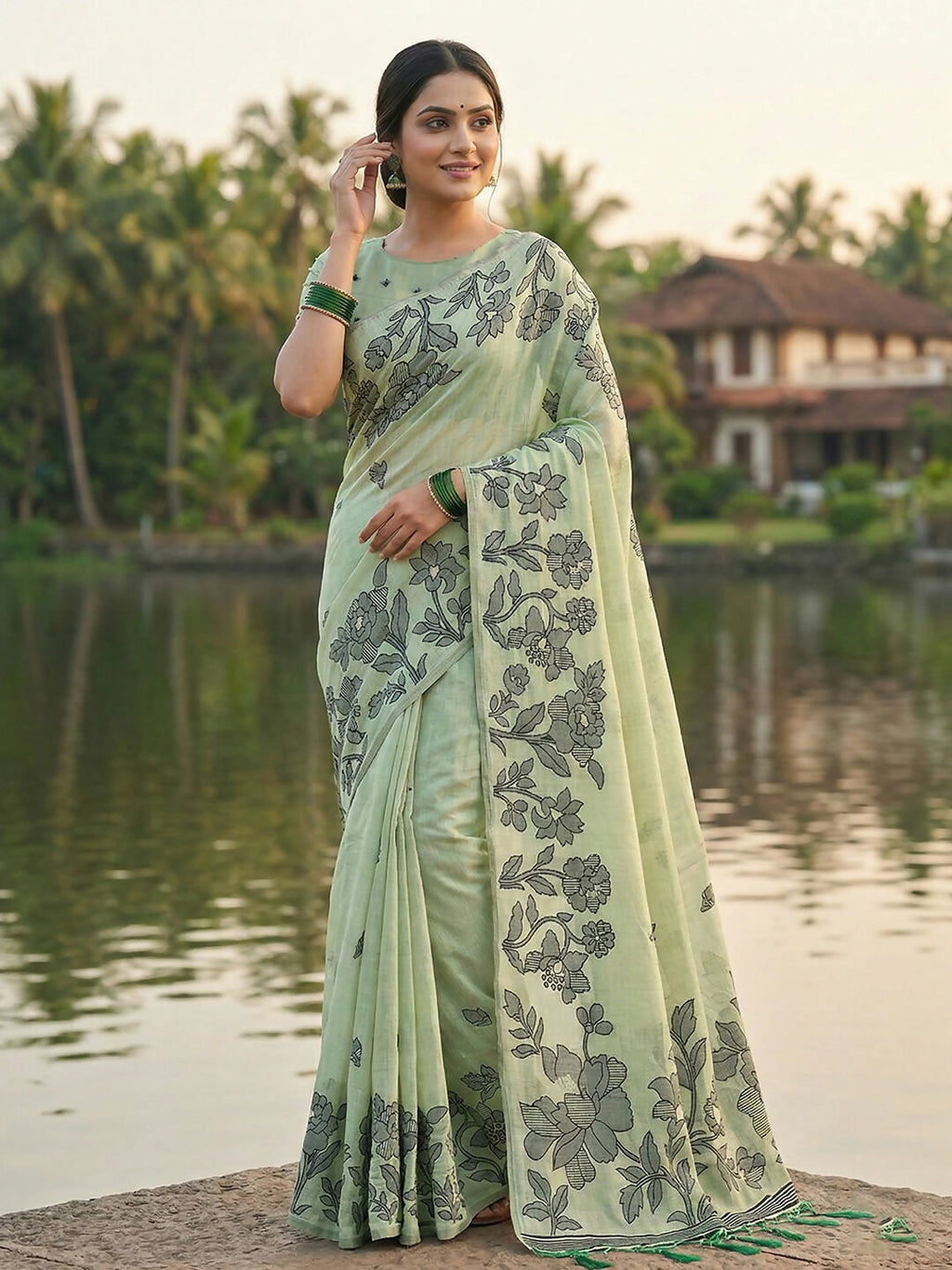 Light green linen cotton saree with matching blouse piece