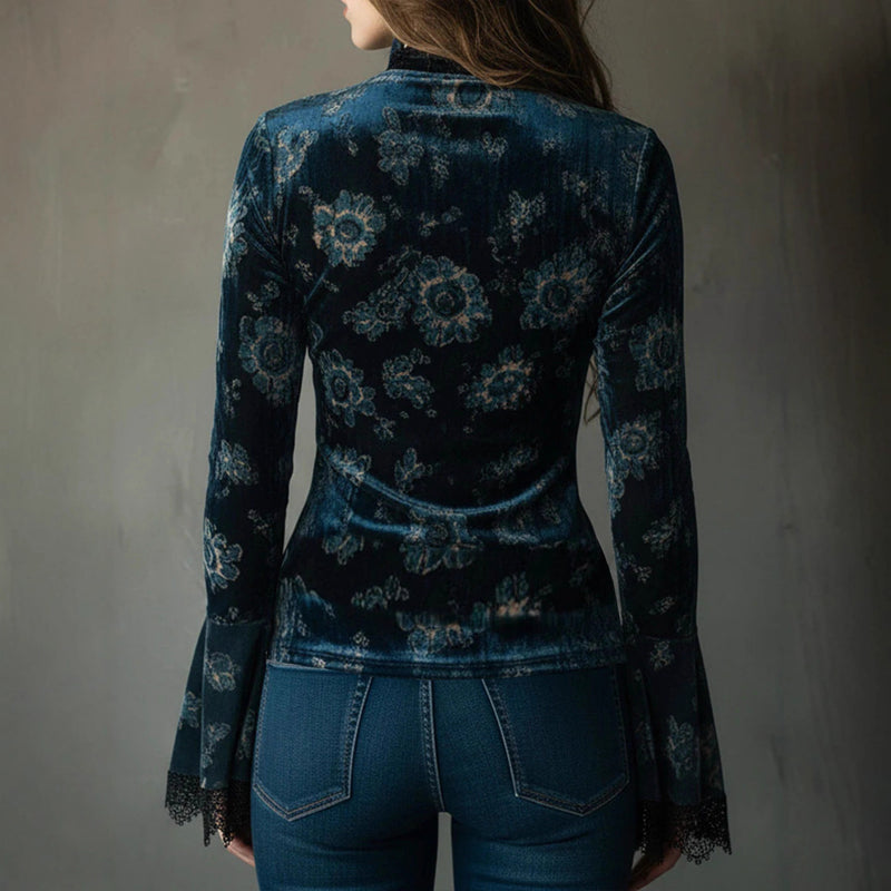 Women's Retro Floral Velvet V-Neck Blouse with Lace Bell Sleeves - Image 5