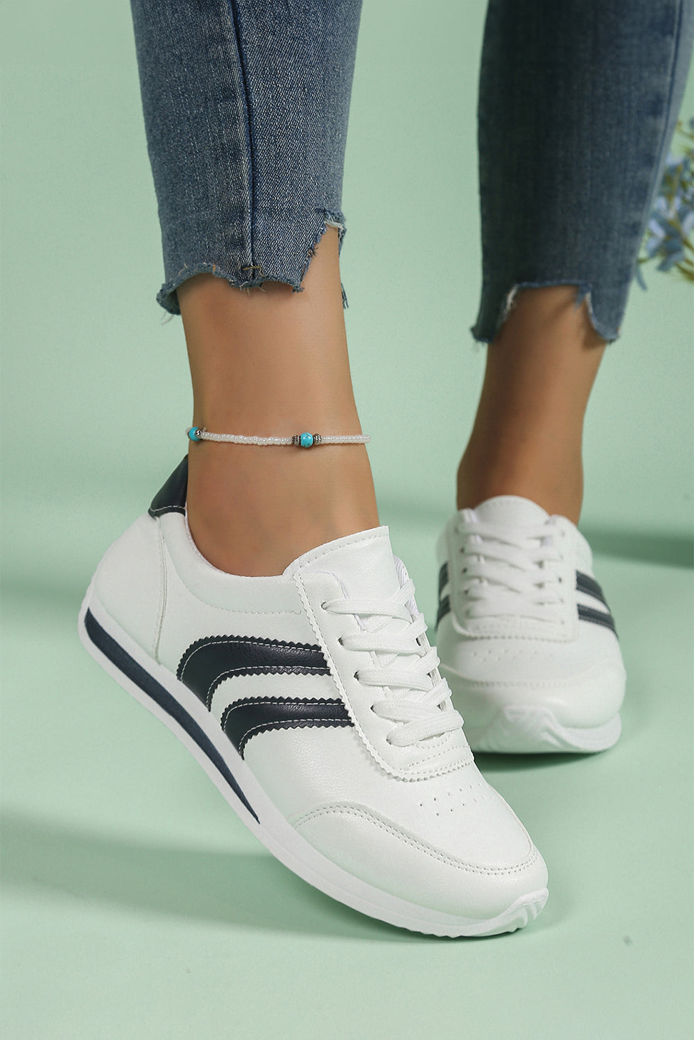 White Striped Lace Up Casual Sneakers with Contrast Detail