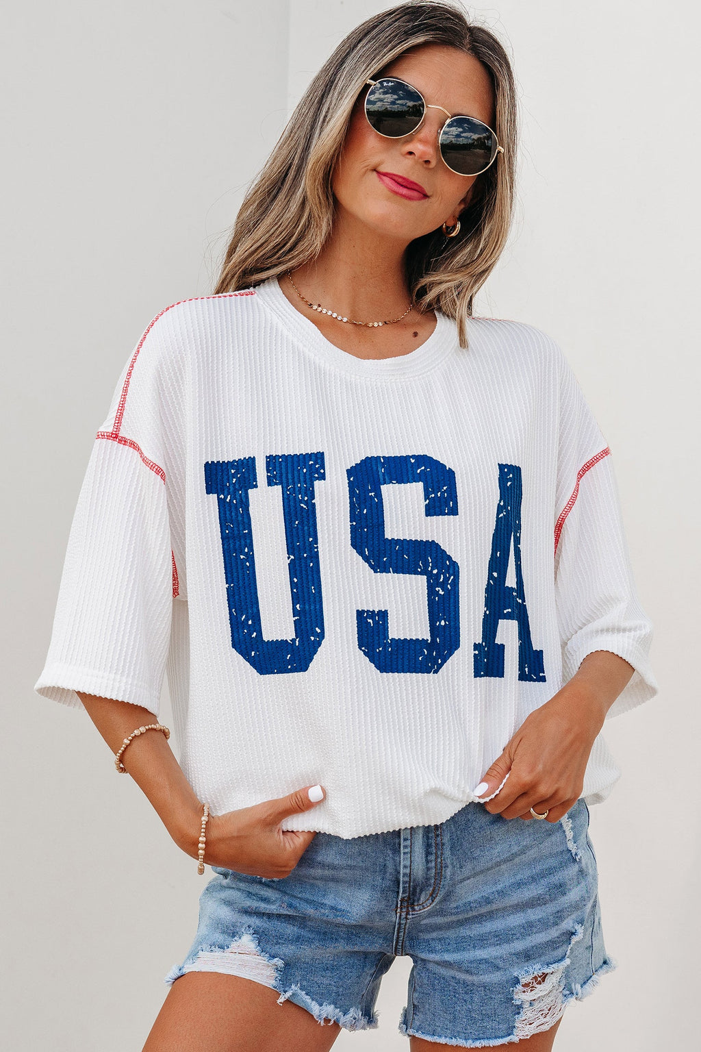 White USA Graphic Half Sleeve Loose Ribbed Top