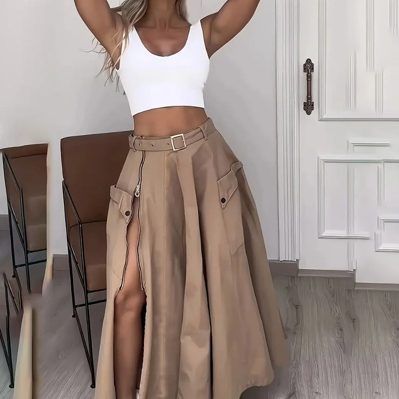 Women’s White Crop Top and Khaki Slit Skirt Matching Set - Image 4