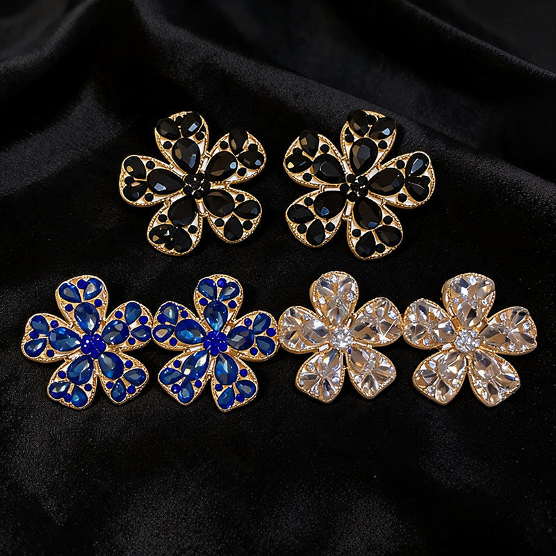 Womens Exaggerated Large Flower Rhinestone Stud Earrings,Heavy Craft Style Light Luxury Party Fashion Earrings