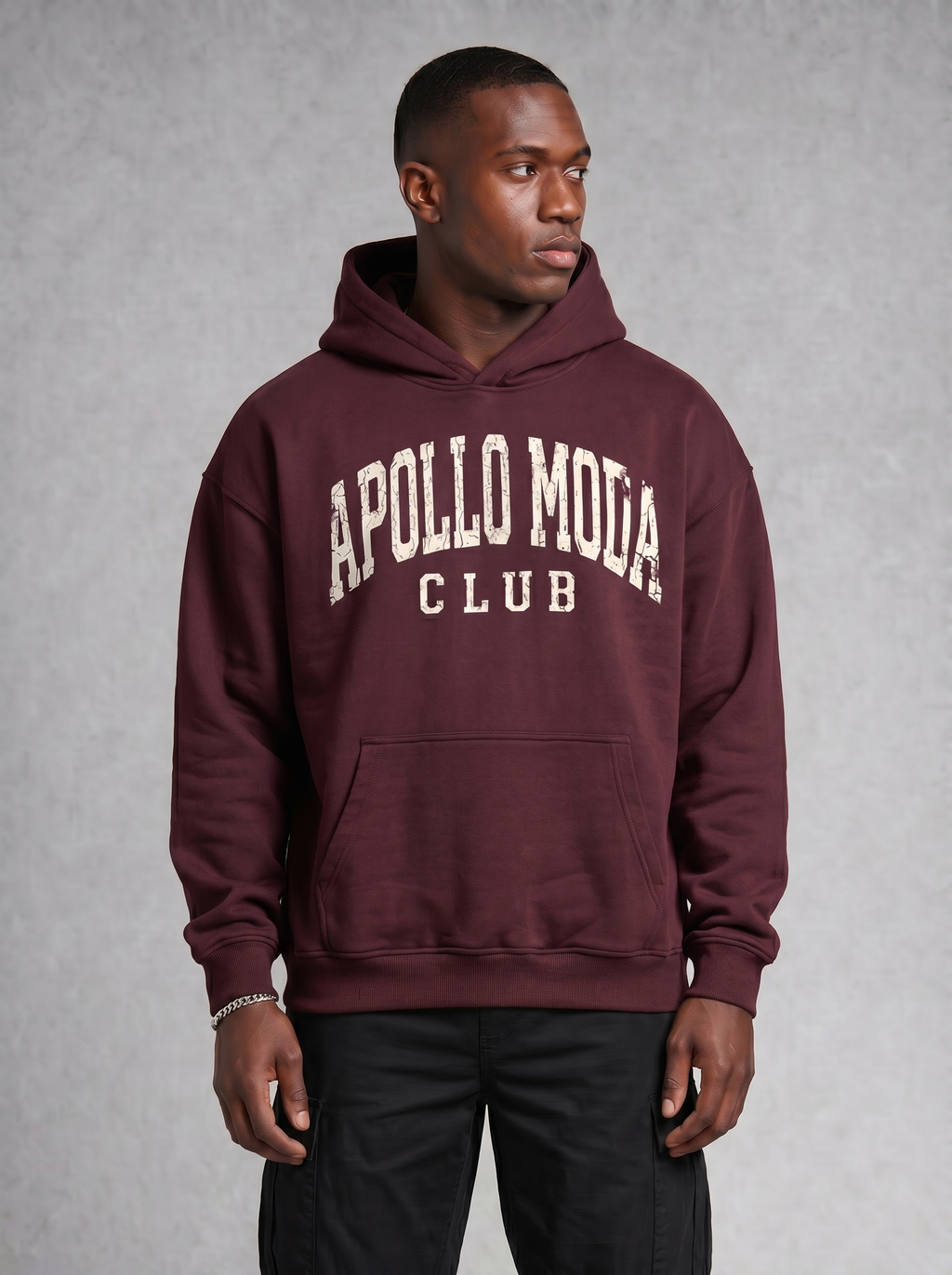 Maroon and off-white collegiate oversized hoodie with heavy fleece material and kangaroo pocket