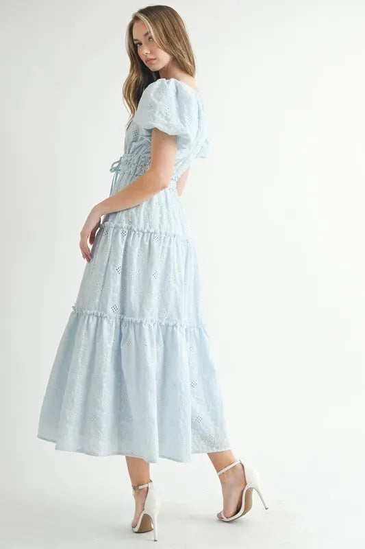 Eyelet Lace Puff Sleeve V-Neck Midi Dress