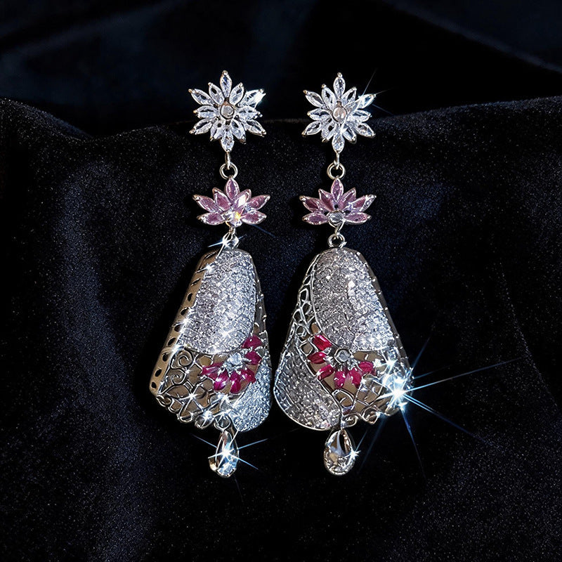 Women Long Dangle Multi Layer Flower Rhinestone Earrings,Exotic Heavy Craft Hollow Filigree Pink Crystal Drop Statement Jewelry For Wedding Banquet Party Occasion