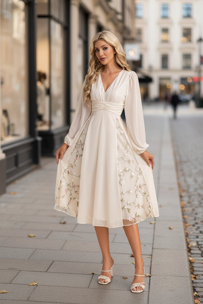 A woman wearing a white midi dress with floral embroidery and long sleeves, featuring a V-neck and flared skirt.