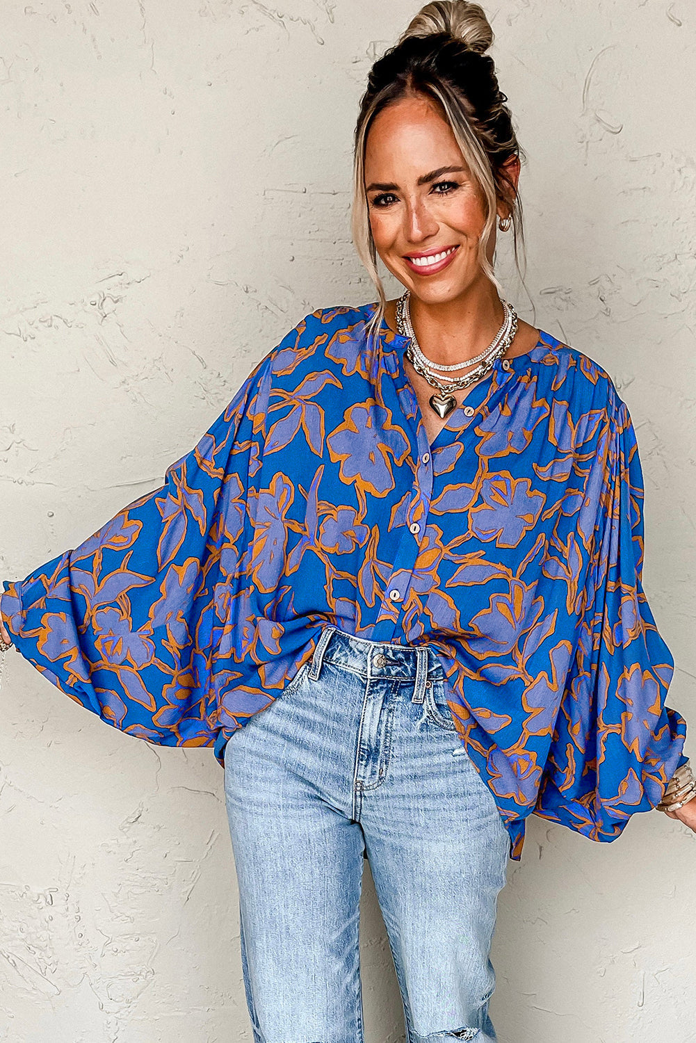 Blue Floral Print Batwing Sleeve Buttoned Shirt
