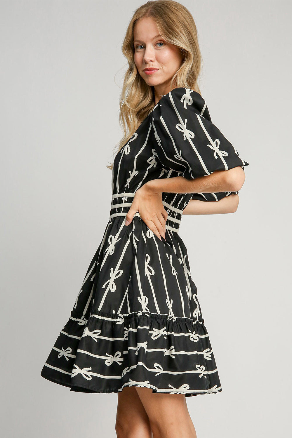 Elegant Black Ribbon Print Half Sleeve Mini Dress