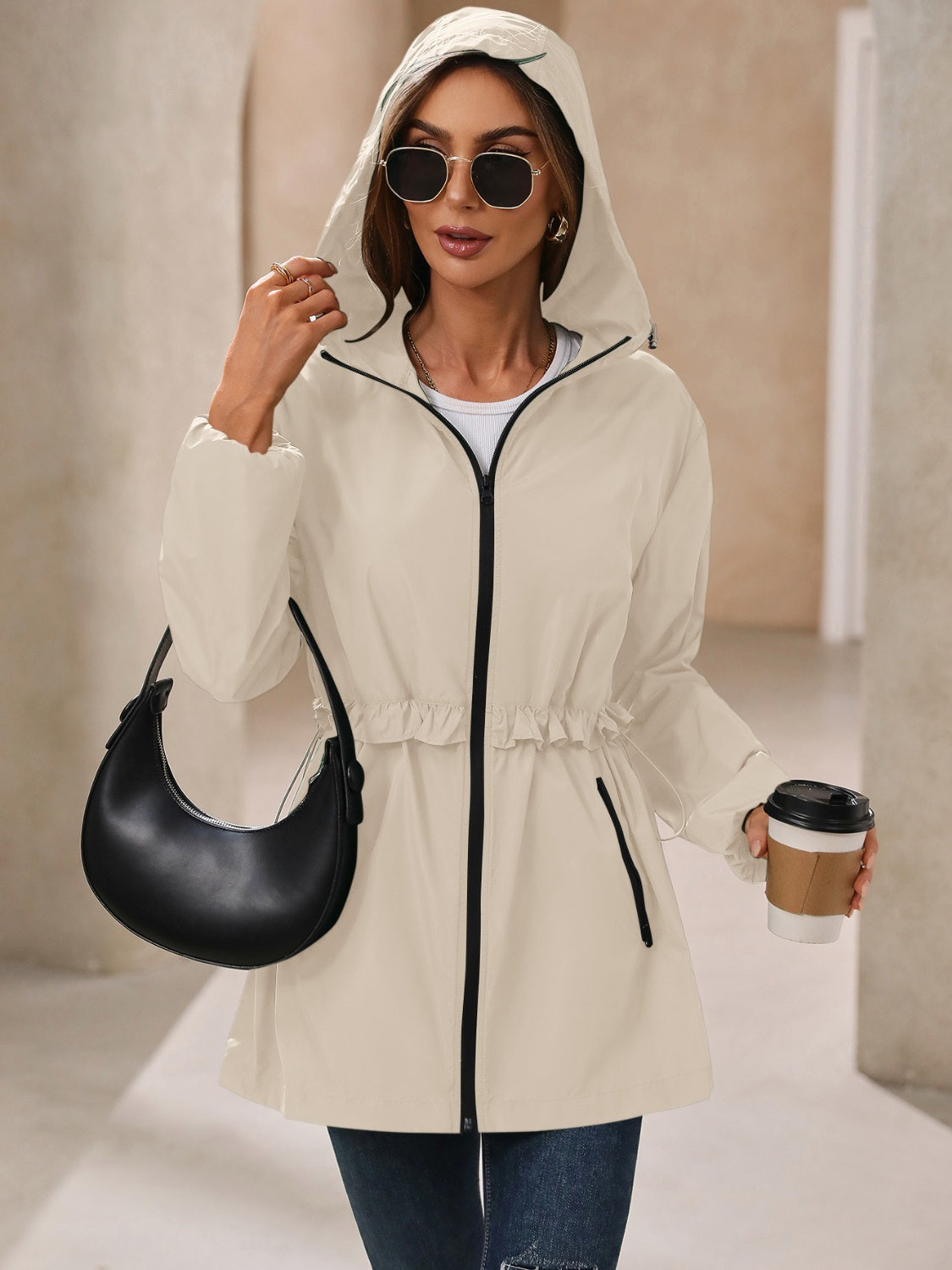 Women's Waterproof Hooded Windbreaker Jacket with Waist Detail - Image 12