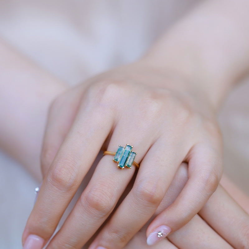 Statement Bold Natural Green Moss Agate Index Finger S925 Silver-Inlaid Aquamarine Agate Ring
