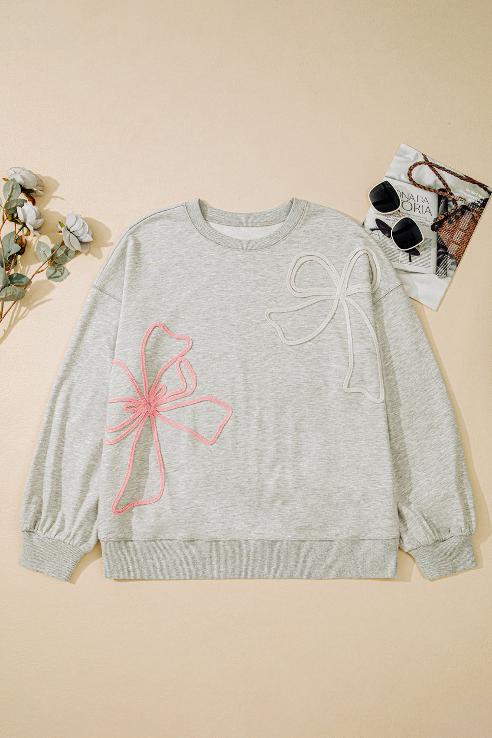 Plus Size Bow Tie Embroidered Drop Shoulder Sweatshirt